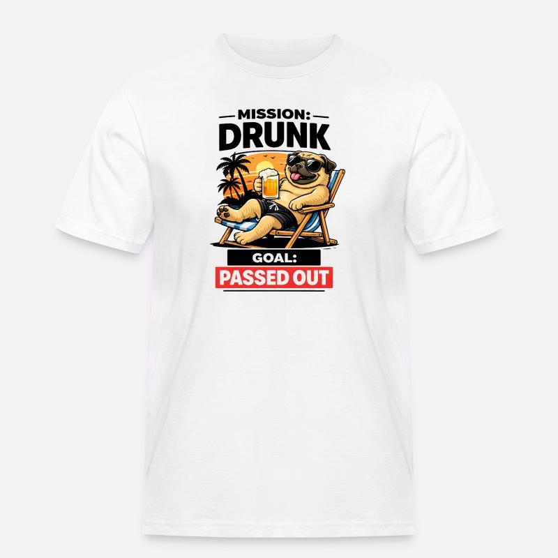 Sunset Pug Loungeing Beer Tee - Männer Workwear T-Shirt - Weiß
