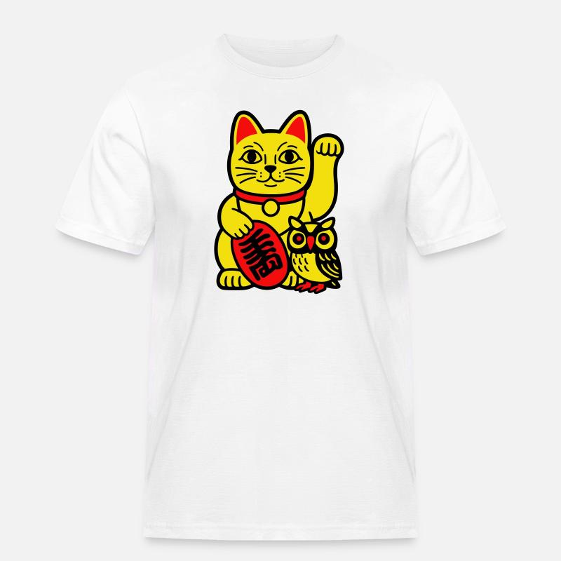 Glückskatze mit kleiner Eule - Männer Workwear T-Shirt - Weiß