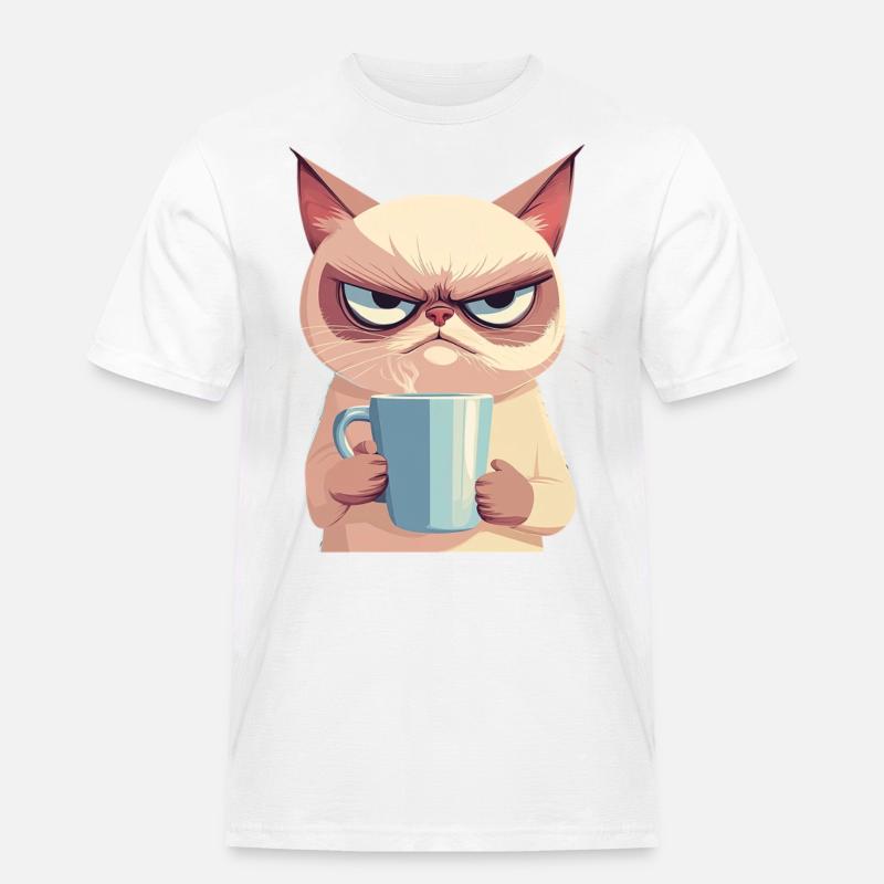 Grumpy-Stil: Grantige Katze mit Kaffee - Männer Workwear T-Shirt - Weiß