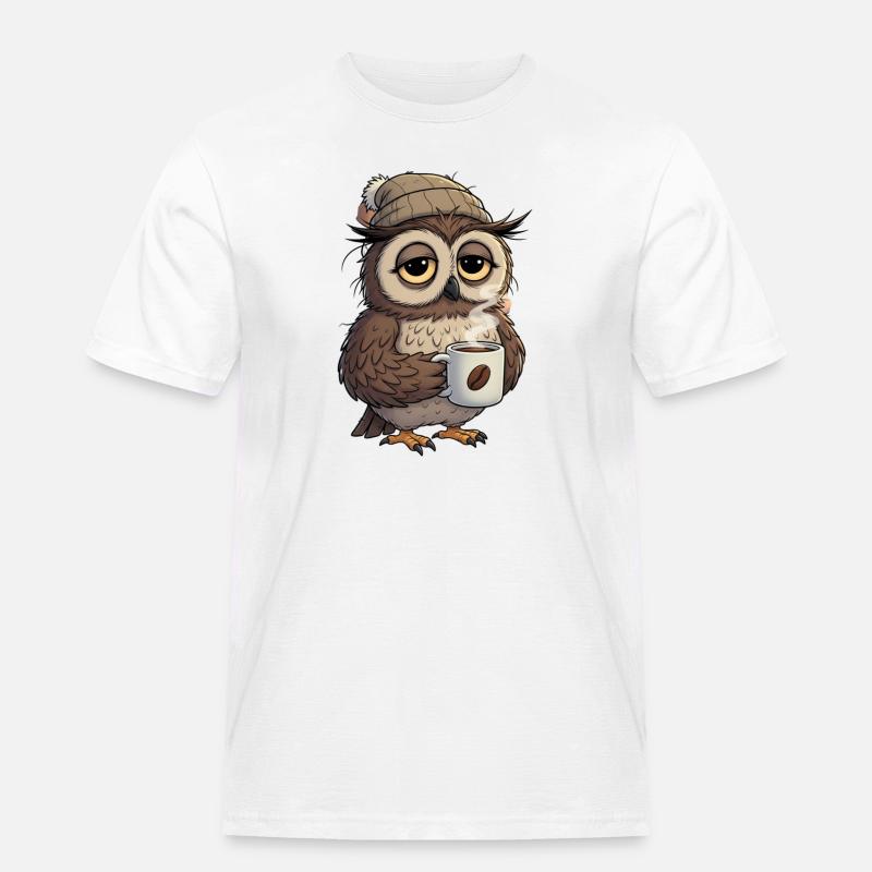 Verschlafene Eule Mit Kaffeetasse Cartoon - Männer Workwear T-Shirt - Weiß