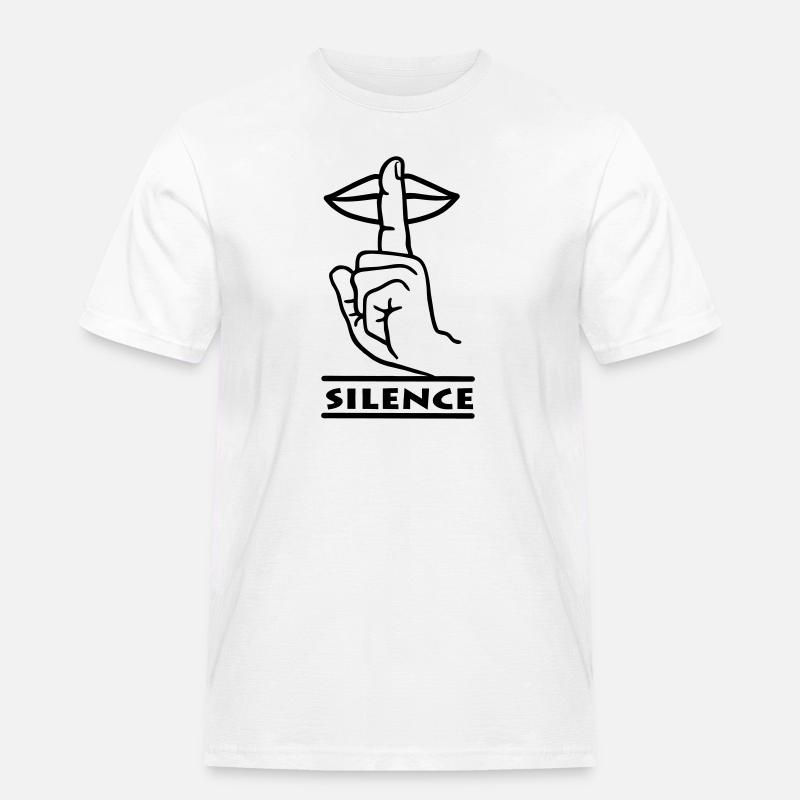 Hand mit Finger Stille Handgeste 'STILLE' - Männer Workwear T-Shirt - Weiß