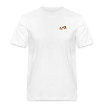 Schriftzug create bestickt - Männer Workwear T-Shirt - Weiß - Vorne - AI Model Male 185 dark (185cm)