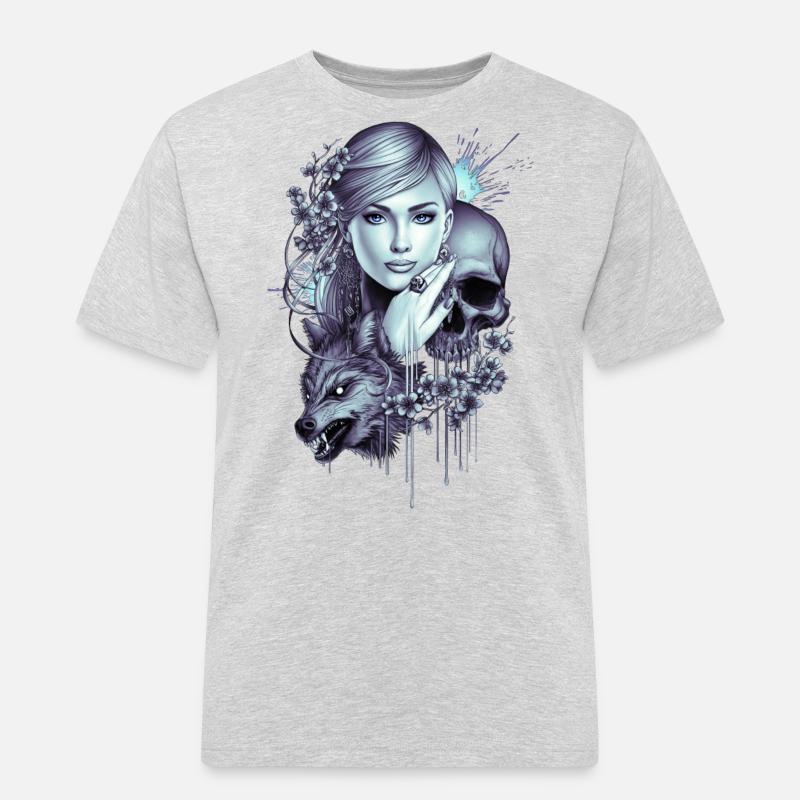Wolfsschädel Mädchen Tattoo - Männer Workwear T-Shirt - Grau meliert