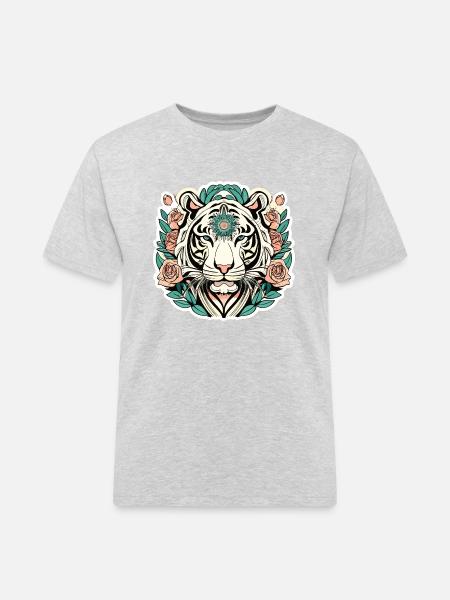 Tiger with Roses Blossoms Gift - Men's Workwear T-Shirt - heather grey