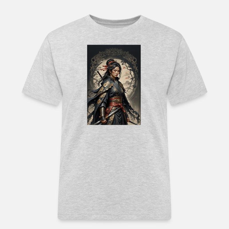 Dunkle Samurai Kriegerin im Kimono - Männer Workwear T-Shirt - Grau meliert