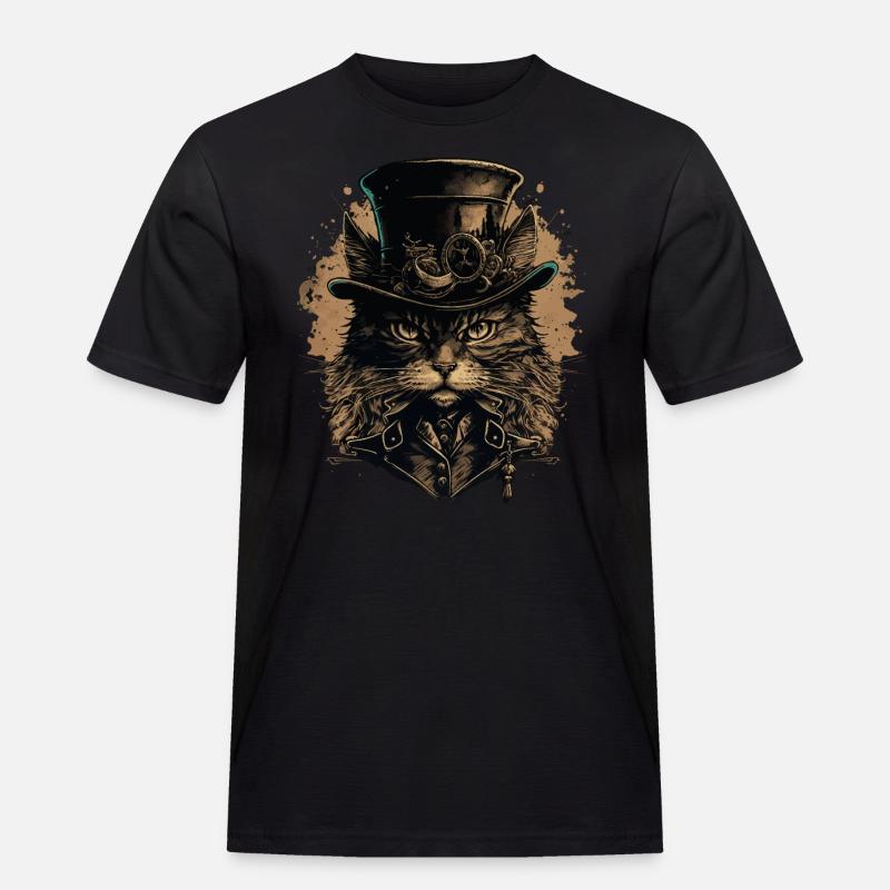Steampunk Katze - Männer Workwear T-Shirt - Schwarz