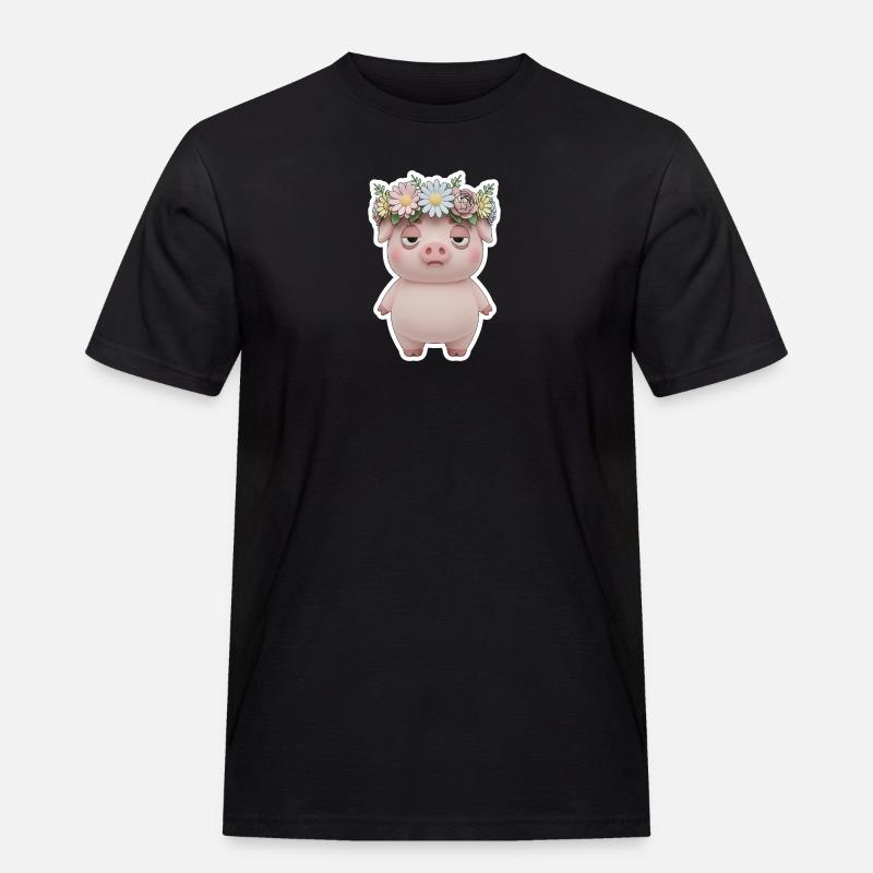 Genervtes Schwein mit Blumenkranz Statement - Männer Workwear T-Shirt - Schwarz