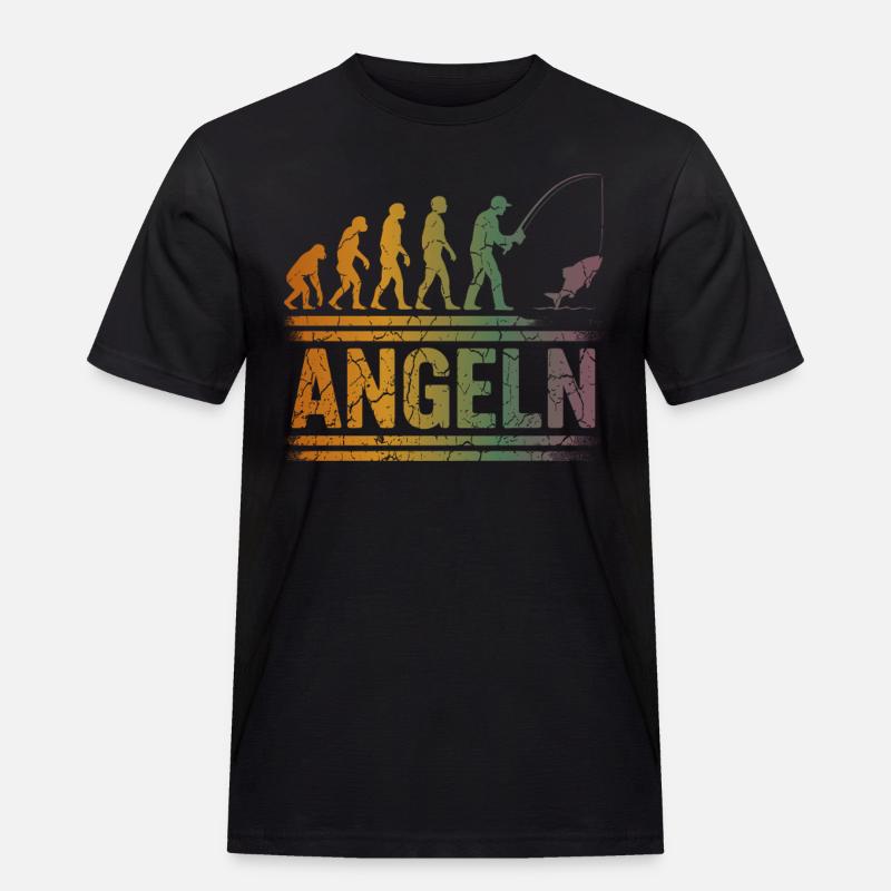 Evolution zum Angler - Männer Workwear T-Shirt - Schwarz