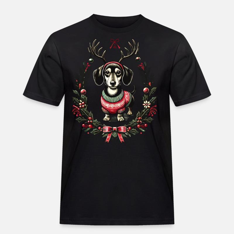 Fröhlicher Dackel Im Weihnachtspullover - Männer Workwear T-Shirt - Schwarz