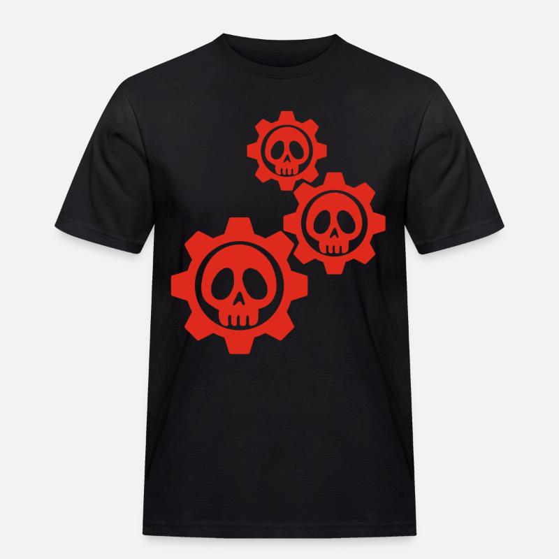 Totenköpfe und rote Zahnräder - Männer Workwear T-Shirt - Schwarz