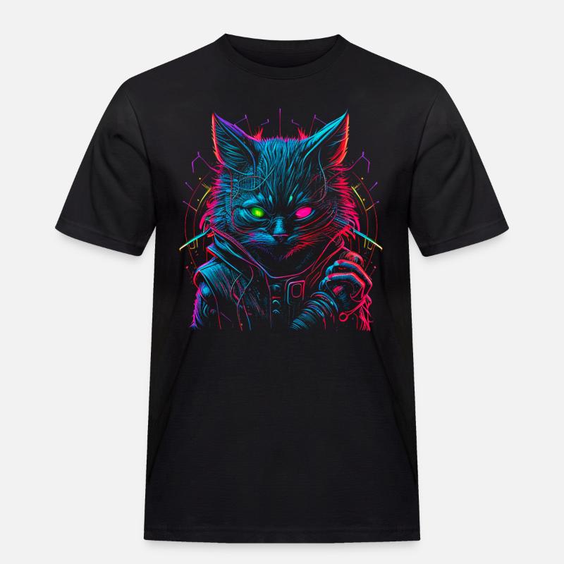 Neon Punk Hacker Katze - Männer Workwear T-Shirt - Schwarz