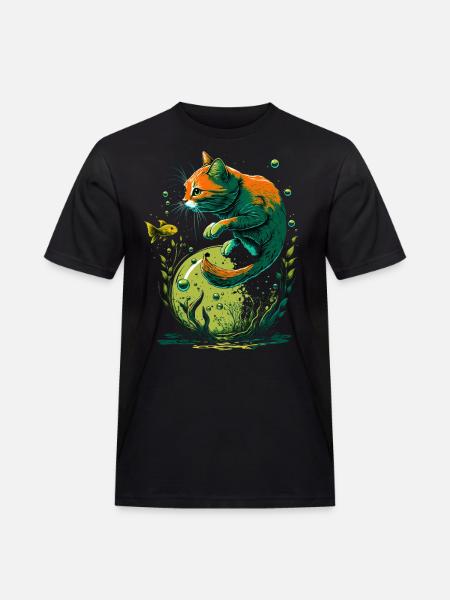 Fantasy Katze spielt mit Goldfischen - Männer Workwear T-Shirt - Schwarz