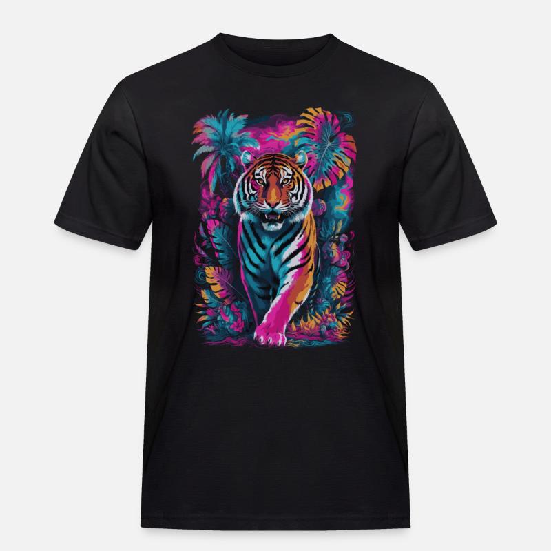Psychedelischer Tiger im lebendigen Dschungel-Design - Männer Workwear T-Shirt - Schwarz