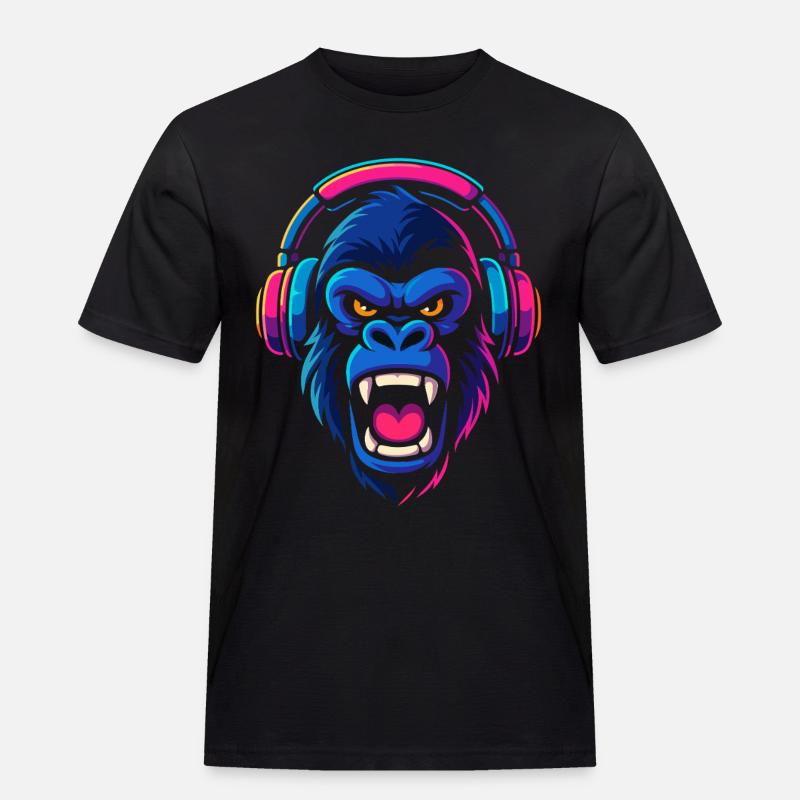 Neon Gorilla mit Kopfhörern - Männer Workwear T-Shirt - Schwarz