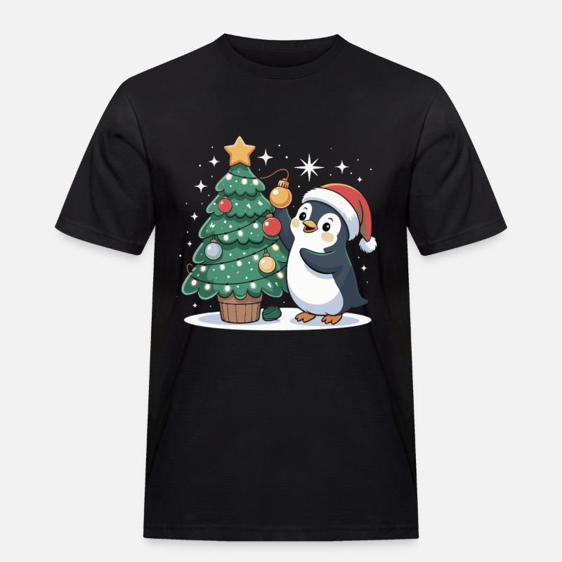 Pinguin schmückt Weihnachtsbaum - Männer Workwear T-Shirt - Schwarz