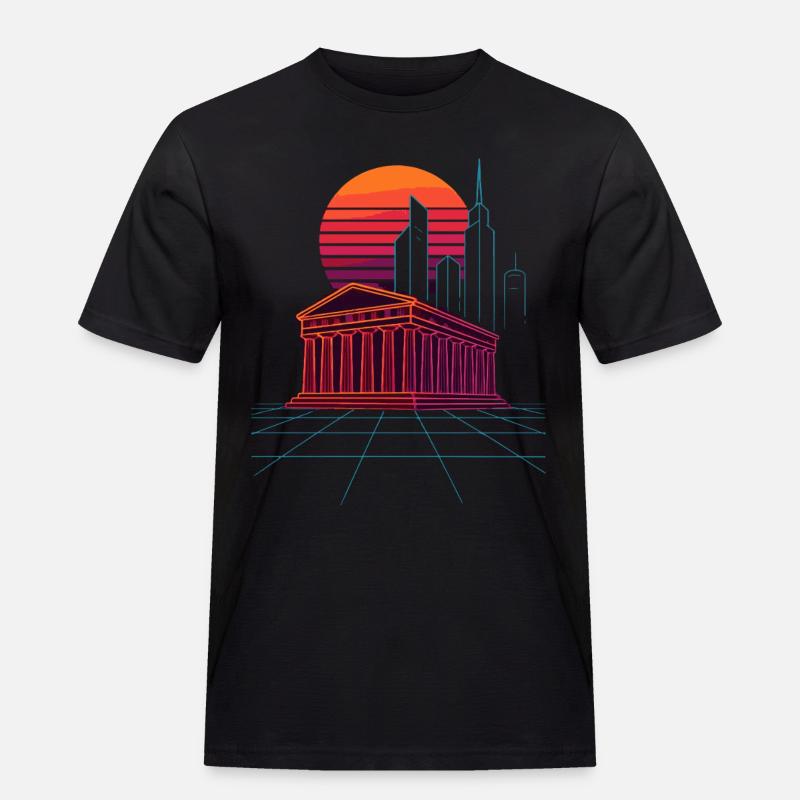 Neon Skyline trifft antike Säulen - Athen - Männer Workwear T-Shirt - Schwarz