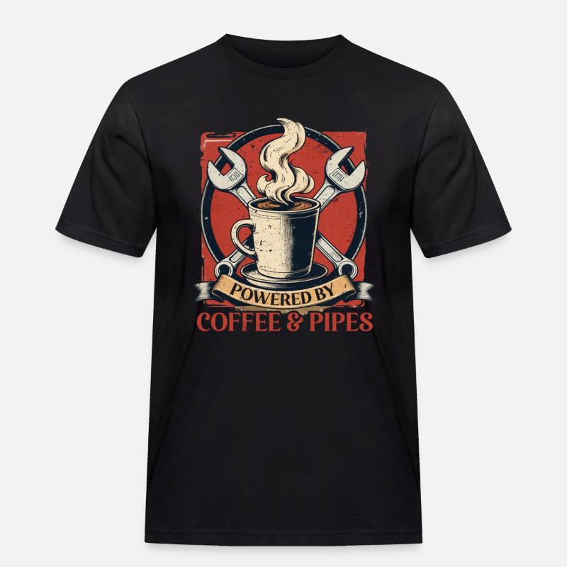 Rohrleger Powered By Coffee & Pipes - Männer Workwear T-Shirt - Schwarz