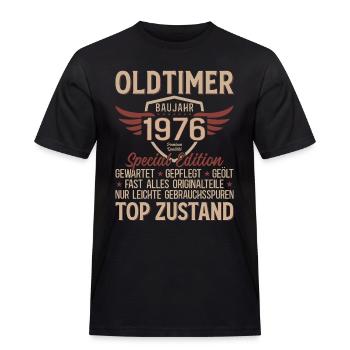 50. Geburtstag Shirt – Oldtimer 1976 Vintage Retro - Männer Workwear T-Shirt - Schwarz - Vorne - AI Model Male 178 light (178cm)
