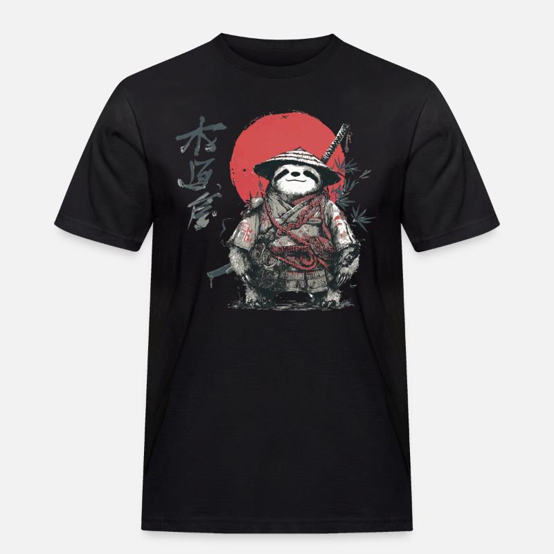 Faultier-Samurai unter roter Sonne - Männer Workwear T-Shirt - Schwarz