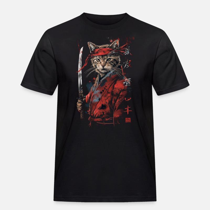 Katze Samurai Lustiges Geschenk - Männer Workwear T-Shirt - Schwarz