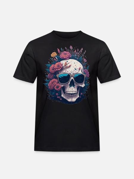 Flower Skull - Männer Workwear T-Shirt - Schwarz