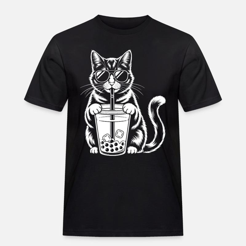 Katze mit Bubble Tee - Männer Workwear T-Shirt - Schwarz