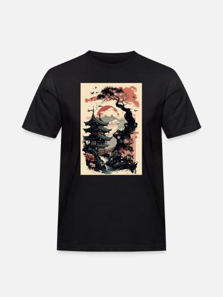 Japanischer Tempel - Männer Workwear T-Shirt - Schwarz
