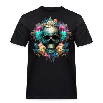 Totenkopf mit Blüten - Männer Workwear T-Shirt - Schwarz - Vorne - AI Model Male 178 light (178cm)