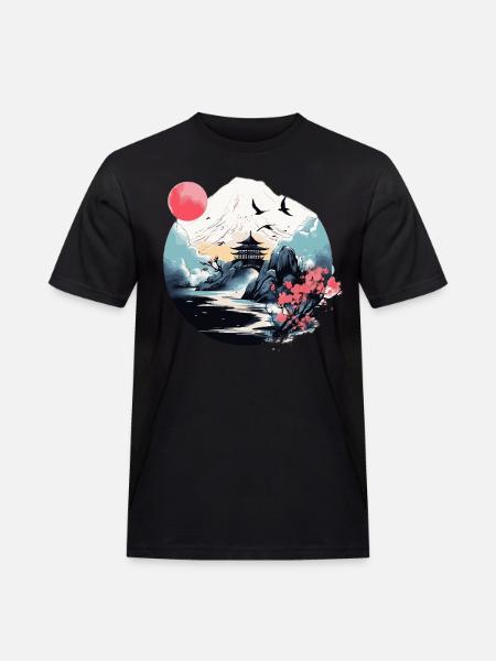 Japanese Mountain, Water & Pagoda Scene - Men's Workwear T-Shirt - black