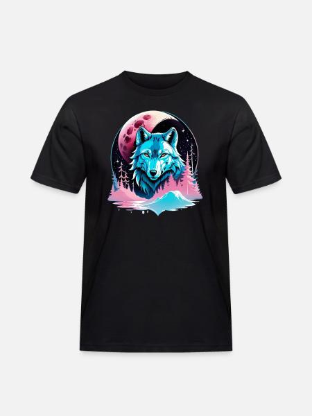 Wolf und Mond - Männer Workwear T-Shirt - Schwarz