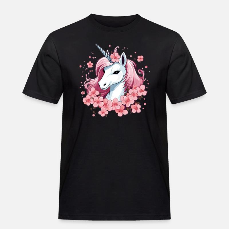 Einhorn mit Kirschblüten - Männer Workwear T-Shirt - Schwarz