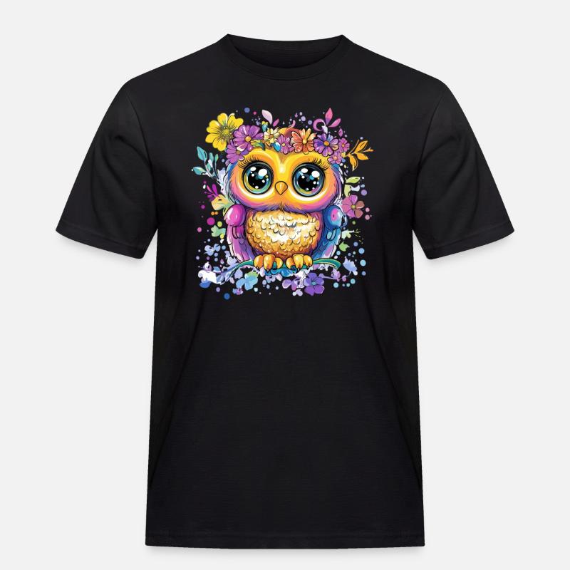 Bunte Eule mit Blüten - Männer Workwear T-Shirt - Schwarz