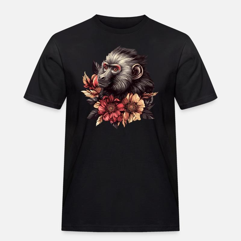 Nachdenklicher Affe mit Blumen - Männer Workwear T-Shirt - Schwarz