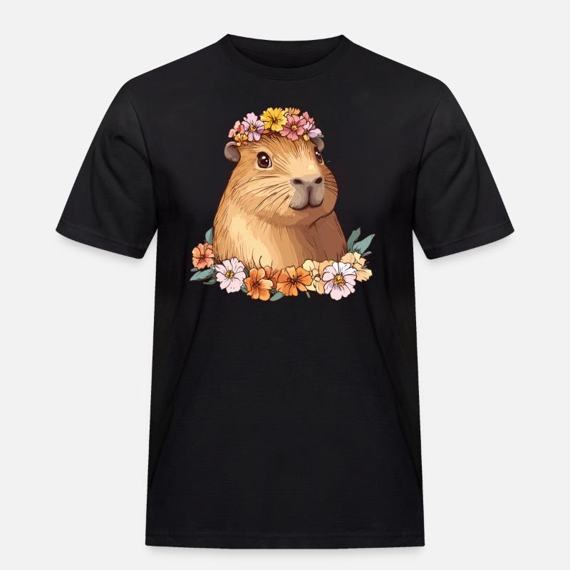 Süßes Capybara mit Blumen - Männer Workwear T-Shirt - Schwarz