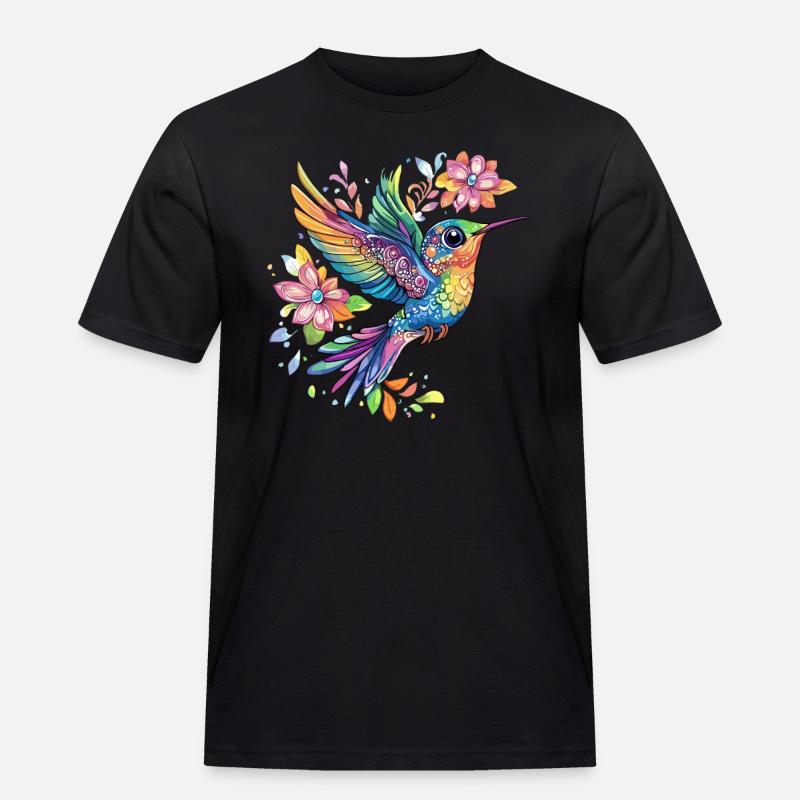 Bunter Kolibri mit Blumen - Männer Workwear T-Shirt - Schwarz