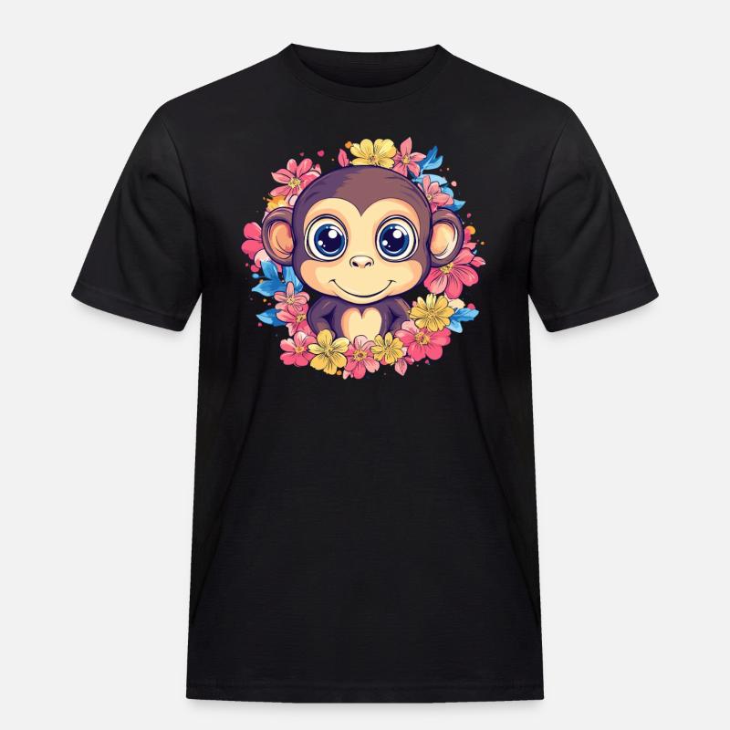 Fröhlicher Affe mit Blumen - Männer Workwear T-Shirt - Schwarz