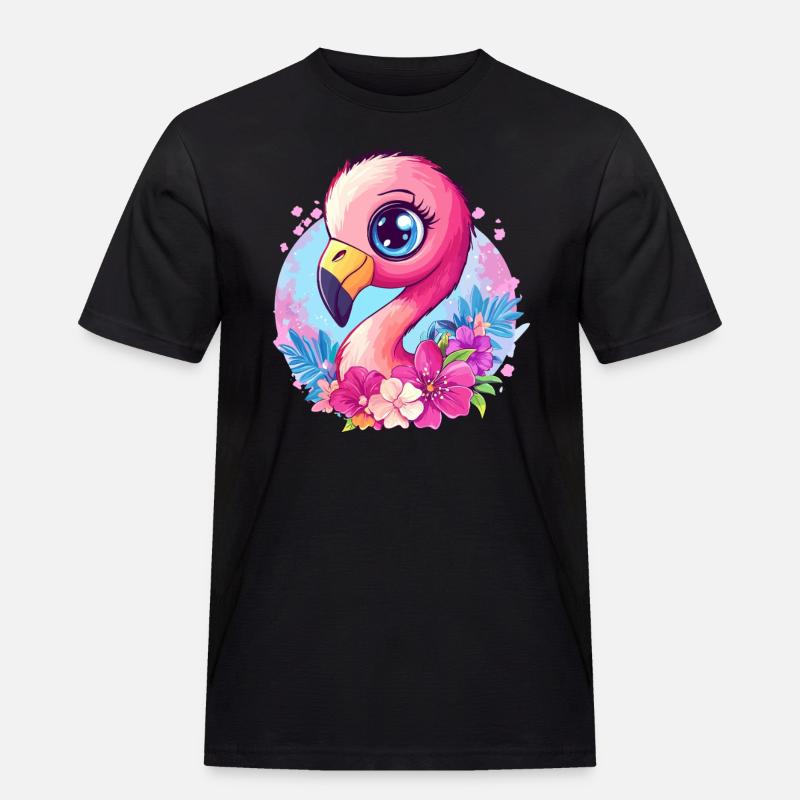 Flamingo mit Blütenzauber - Männer Workwear T-Shirt - Schwarz