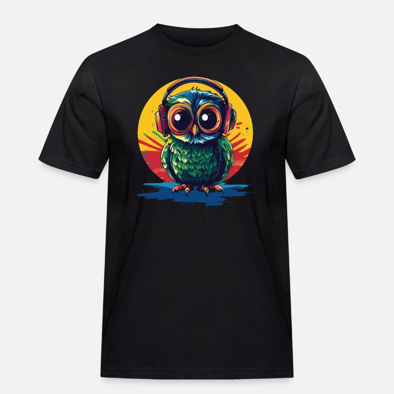Eule mit Kopfhörern - Männer Workwear T-Shirt - Schwarz