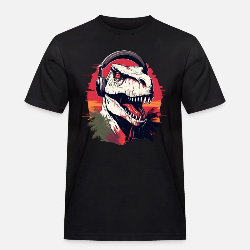 Dinosaurier mit Kopfhörer - Männer Workwear T-Shirt - Schwarz