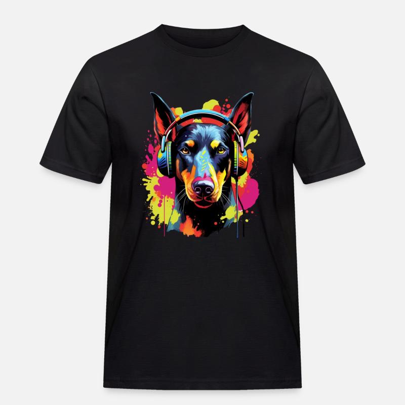 Bunter Dobermann mit Kopfhörer - Männer Workwear T-Shirt - Schwarz