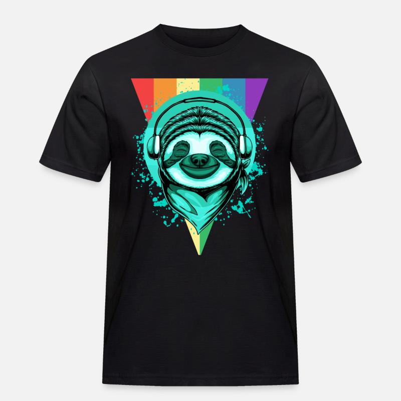 Faultier mit Kopfhörern & Regenbogen - Männer Workwear T-Shirt - Schwarz