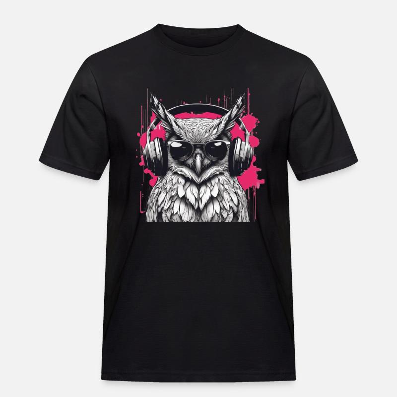Eule mit Kopfhörer - Männer Workwear T-Shirt - Schwarz