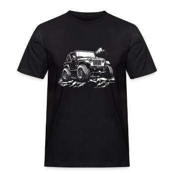 Starke Offroad-Jeep-Grafik mit Bergkulisse im Hint - Männer Workwear T-Shirt - Schwarz - Vorne - AI Model Male 178 light (178cm)