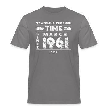 Vintage Time Travel Birthday Design March 1961 - Men's Workwear T-Shirt - grey - Front - AI Model Male 185 dark (185cm)