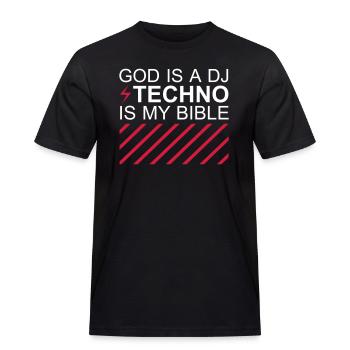 God is a DJ Techno is my bible Festival Culture - Men's Workwear T-Shirt - black - Front - AI Model Male 178 light (178cm)