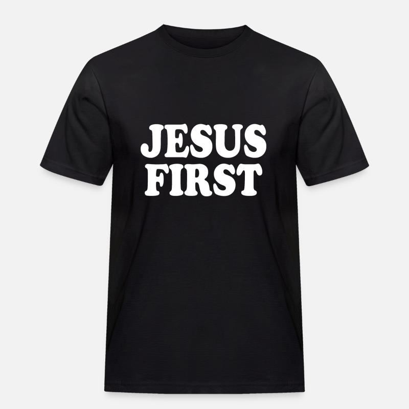 Jesus first - Männer Workwear T-Shirt - Schwarz