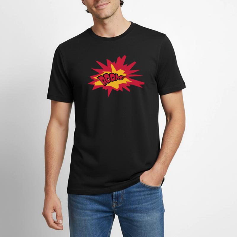 boom text fire flame hot tnt dynamite explode Men's Workwear T-Shirt