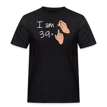 Ik ben 39 + 1 middelvinger shirt Ik ben 39 plus, - Mannen Workwear T-shirt - zwart - Voor - AI Model Male 178 light (178cm)