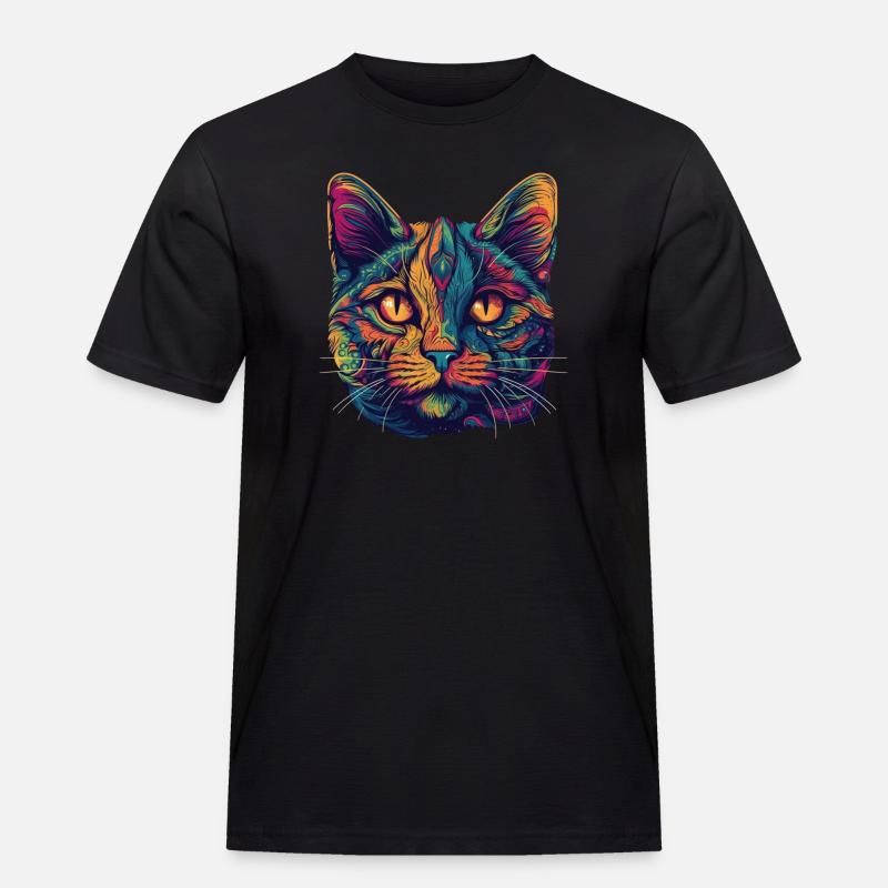 Psychedelisches Katzengesicht mit bunten Mustern - Männer Workwear T-Shirt - Schwarz