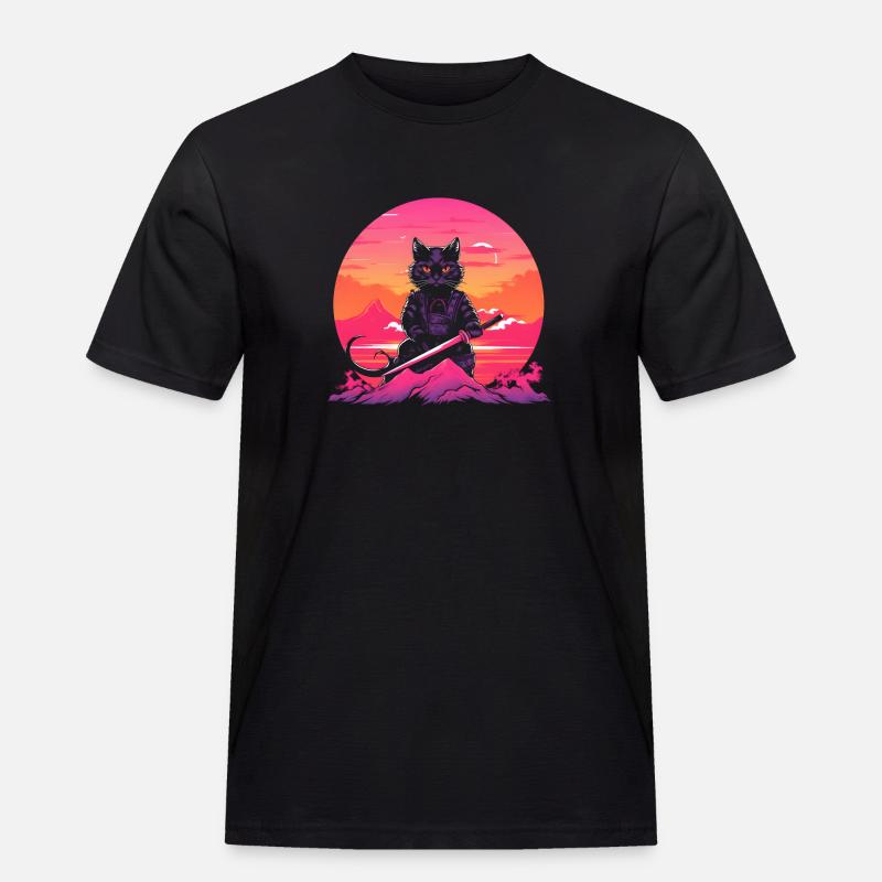 Synthwave samurai Cat with katana - Männer Workwear T-Shirt - Schwarz